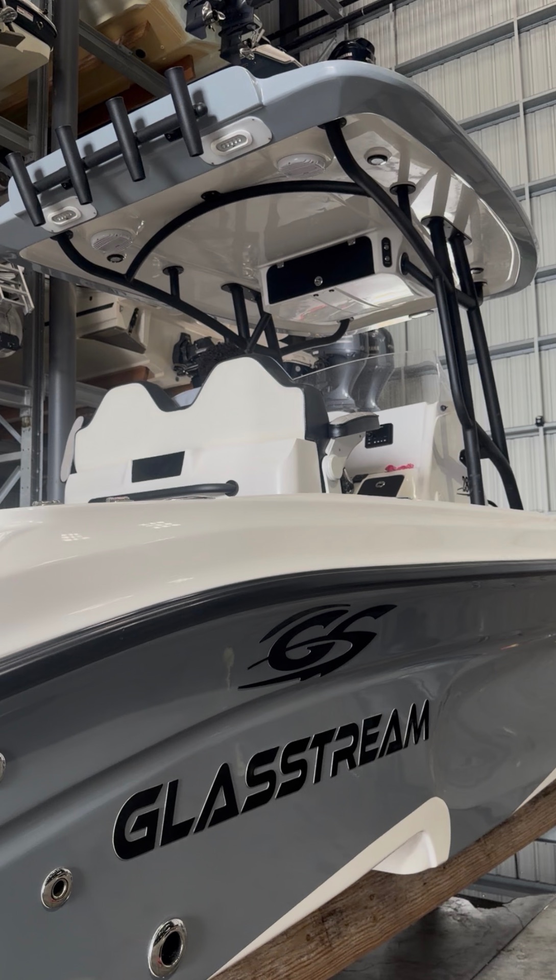 Glasstream center console with restored glossy white and grey gelcoat